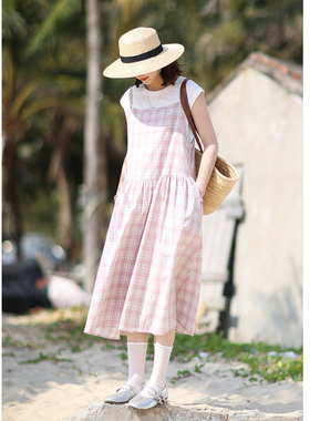 花吉Q570【前后两穿】蜜桃粉格子清新吊带连衣裙2026新款春吊带裙