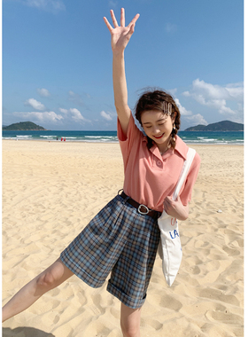 花吉B410粉色海岛日记西装翻领华夫格polo领T恤女2025新款夏上衣