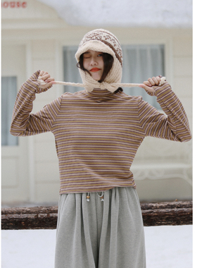 花吉C065蓝色半高领指套设计长袖德绒条纹打底T恤女2025新款秋冬