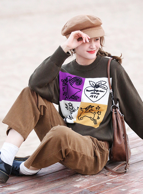 花吉B545绿色古着四宫格印花圣诞毛衣女2025新款冬季学院风上衣