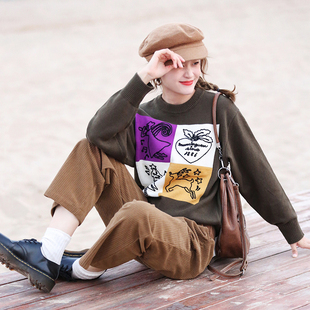 花吉B545绿色古着四宫格印花圣诞毛衣女2026新款 学院风上衣 冬季