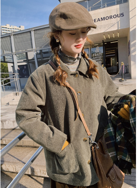 花吉B892苔藓绿色磨砂绒感宽松绗棉翻领西装外套女2026年新款冬