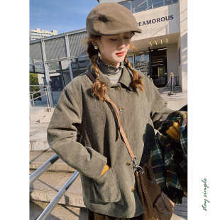 花吉B892苔藓绿色磨砂绒感宽松绗棉翻领西装 冬 外套女2026年新款