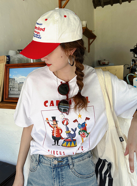 花吉B111白色马戏团卡通圆领短袖印花T恤女2026年新款夏天上衣