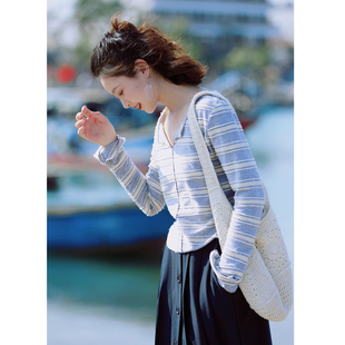 花吉C150米灰色半开领条纹修身T恤女2026新款春长袖横条纹上衣