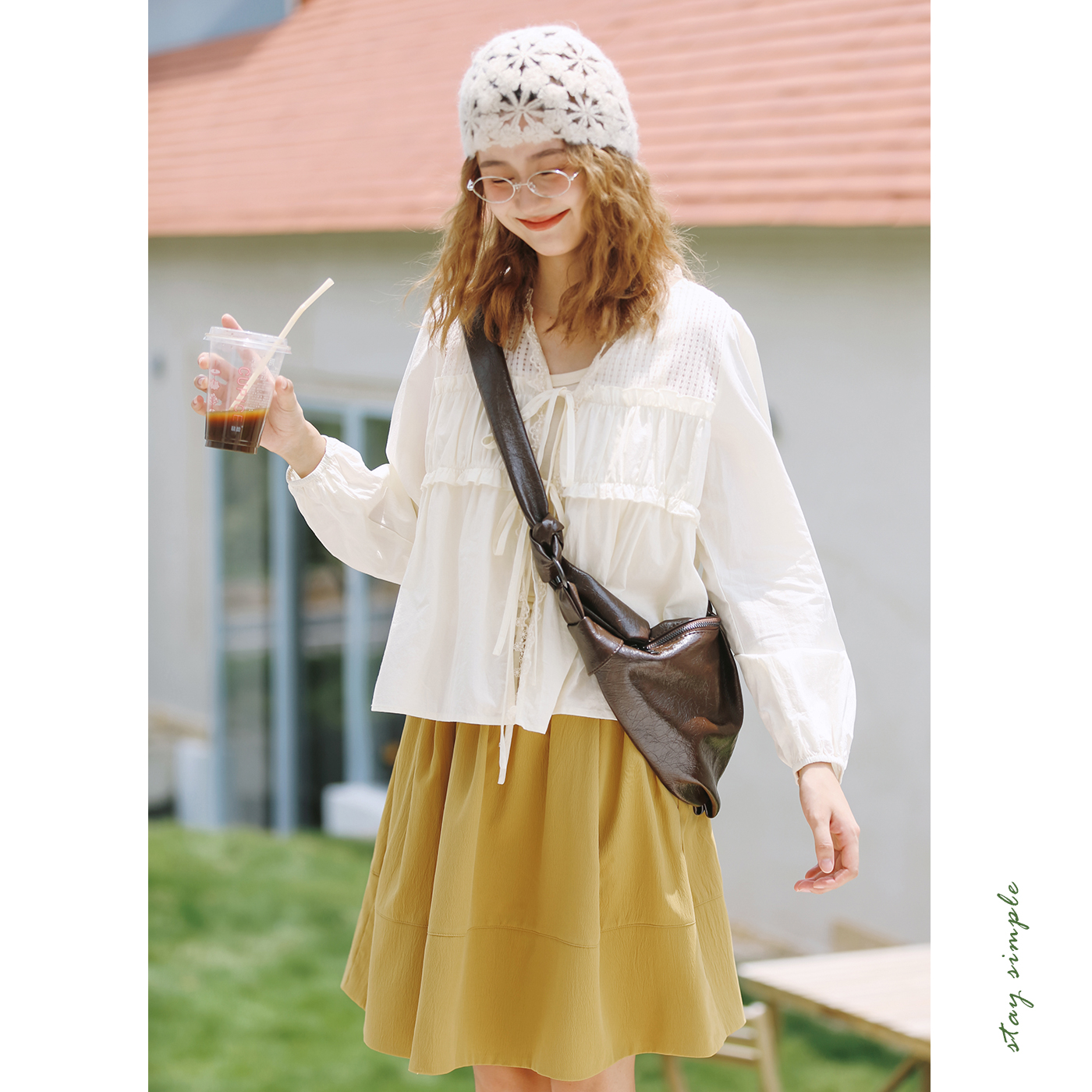 花吉杏色镂空方格系带长袖衬衫