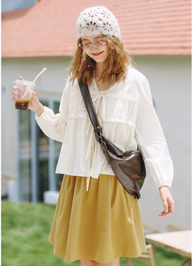 花吉C011杏色镂空方格拼接花边系带长袖衬衫女2026新款秋全棉衬衣