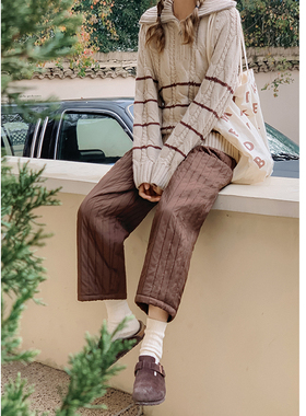 花吉K297米白色绗棉松紧腰宽松阔腿休闲裤女2026新款冬九分阔腿裤