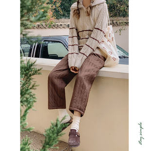 冬九分阔腿裤 花吉K297米白色绗棉松紧腰宽松阔腿休闲裤 女2025新款