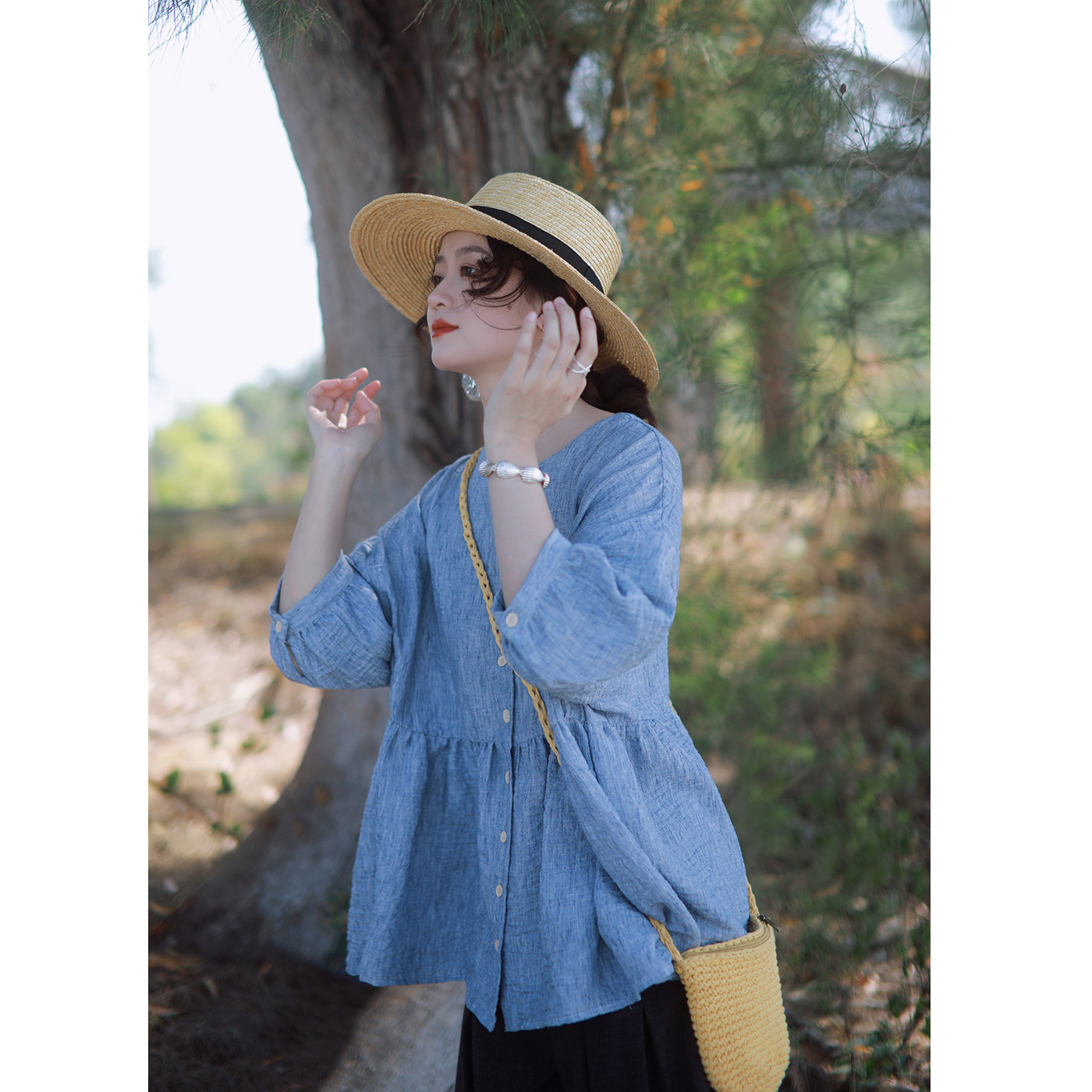 花吉C177蓝色自然皱混色感日系灯笼袖宽松娃娃衫女2026新款夏衬衫