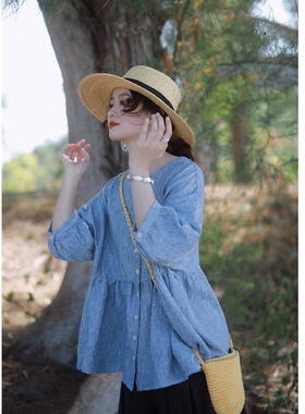 花吉C177蓝色自然皱混色感日系灯笼袖宽松娃娃衫女2026新款夏衬衫