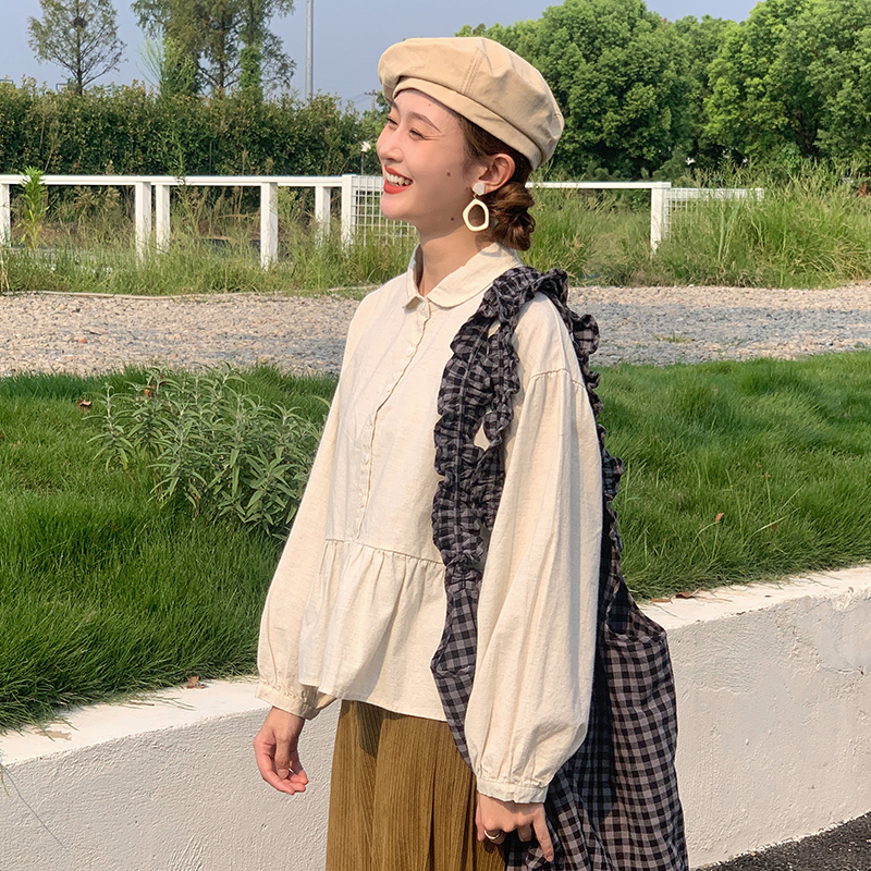 花吉B844米色宽松磨毛翻领娃娃衫女2025新款秋纯棉套头学院风衬衫