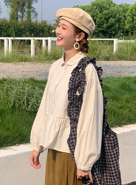 花吉B844米色宽松磨毛翻领娃娃衫女2026新款秋纯棉套头学院风衬衫
