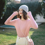 春打底衫 花吉C145粉色柔软天丝一字船领宽松长袖 T恤女2026新款