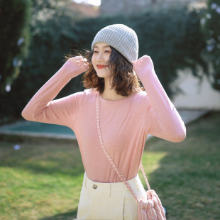 春打底衫 花吉C145粉色柔软天丝一字船领宽松长袖 T恤女2026新款