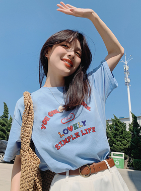 花吉B142白色彩色字母印花纯棉短袖T恤女夏季2025年新款宽松上衣