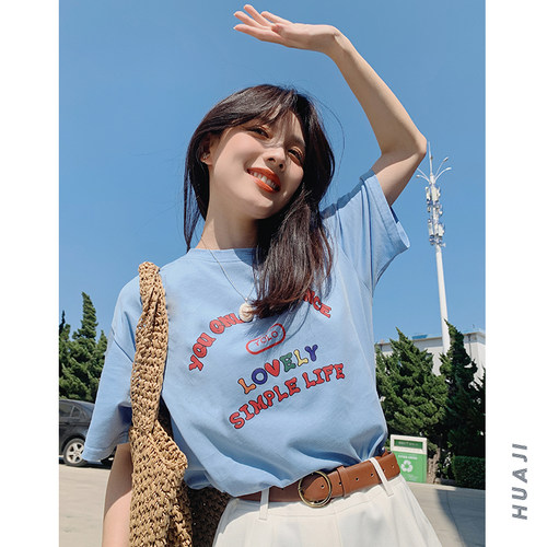 白色纯棉短袖字母印花T恤女夏季