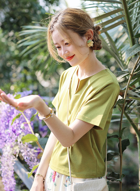 花吉B947葡萄绿色小开领短款短袖T恤女2025新款夏宽松弹力上衣