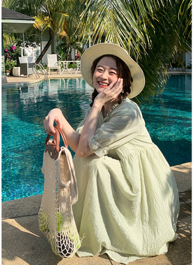 花吉Q387青提绿高腰甜美竖条纹花边系带连衣裙2026新款夏中长裙