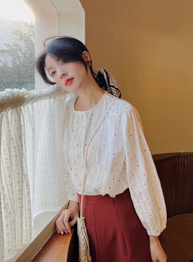 花吉B032白色法式田园风双排扣纯棉提花圆领衬衫女2025新款春衬衣