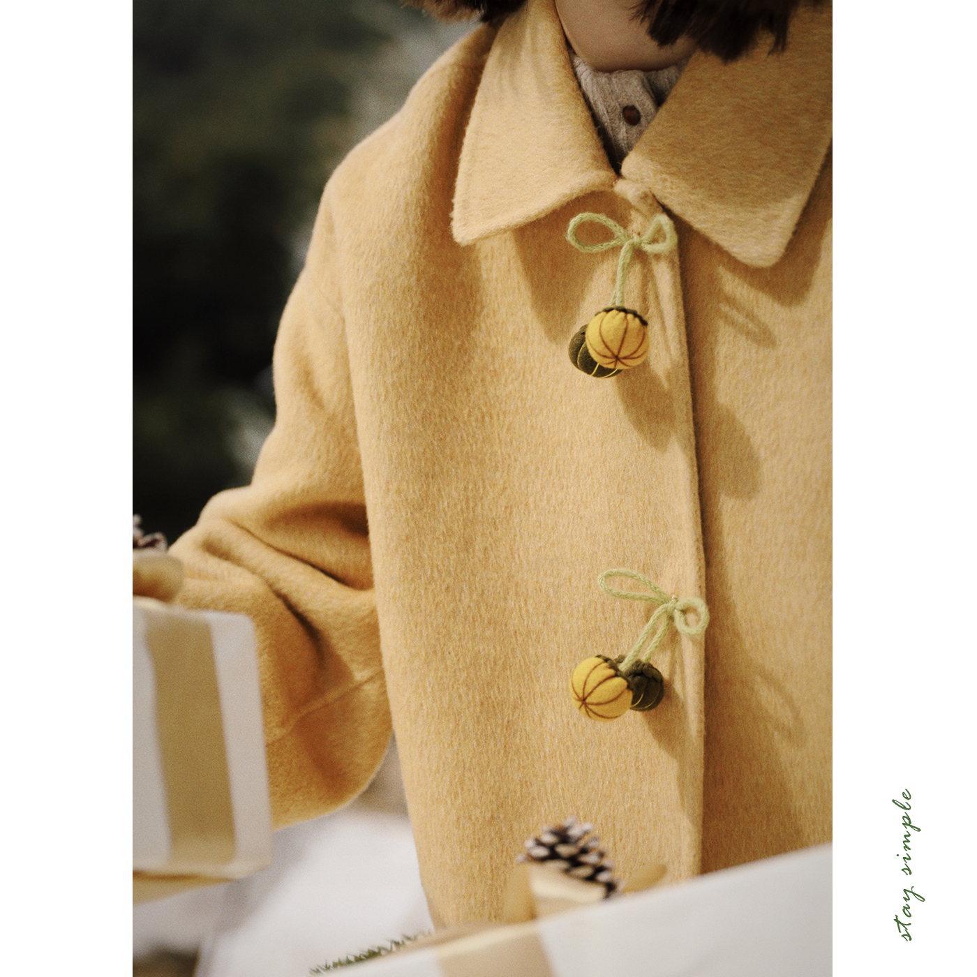 花吉黄色韩版长款双面呢直筒大衣