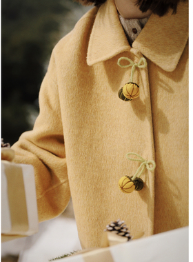 花吉C123黄色韩系毛线南瓜装饰长款双面呢2025新款冬直筒宽松大衣