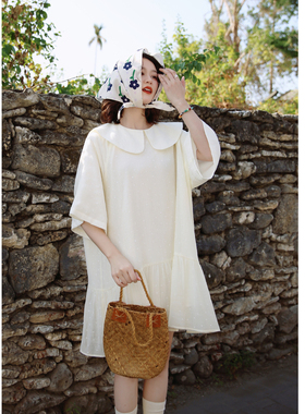 花吉Q582豆乳色娃娃领日系水玉点点印花连衣裙2026新款夏宽松裙子