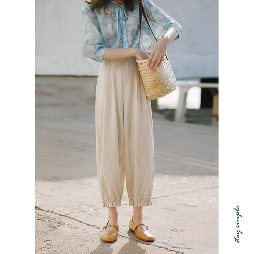 米色花边高腰棉麻休闲裤