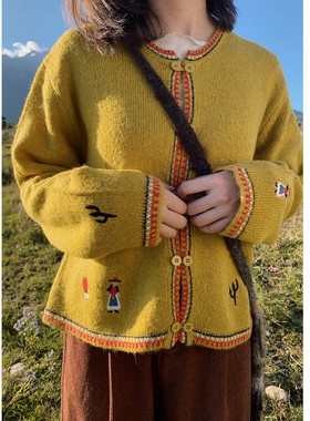 花吉C028黄色刺绣圆领针织开衫女2026新款秋长袖宽松可爱风上衣