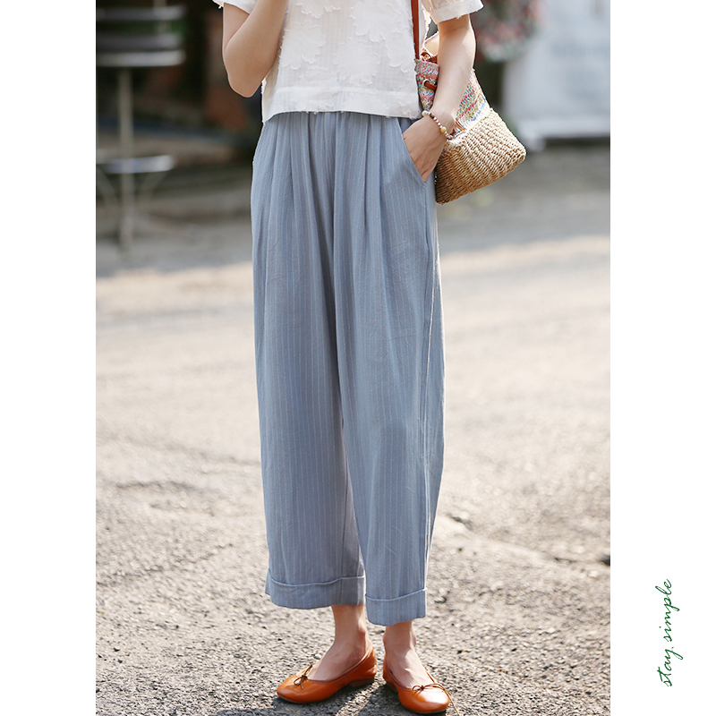 粉色垂感亚麻竖条纹休闲裤