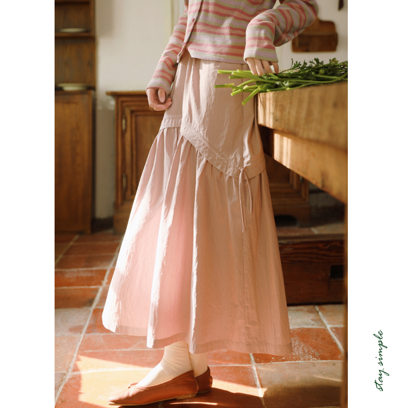 花吉烟粉色大摆松紧腰半身裙