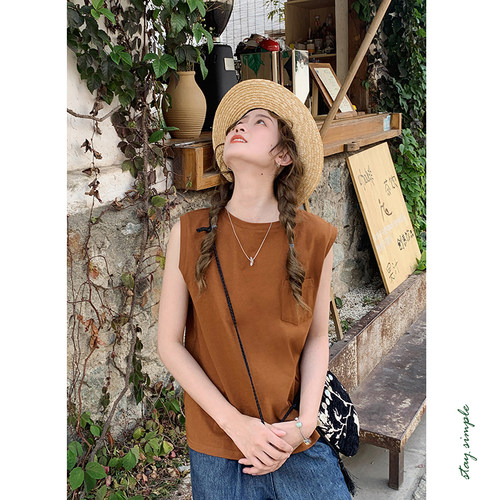 花吉B761焦糖色小口袋无袖纯棉背心T恤女2025新款夏全棉宽松上衣