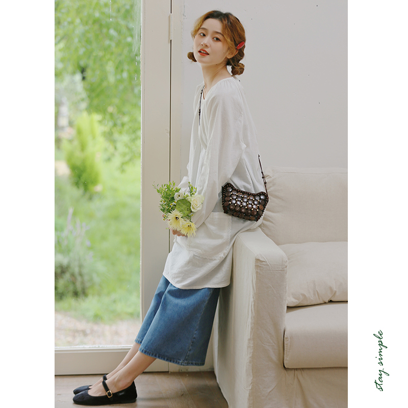 花吉B794米色风琴褶蕾丝贴袋中长款衬衫女2025新款秋套头宽松衬衣