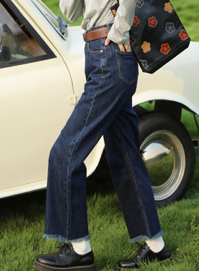 花吉K375深蓝色裤脚毛边高腰直筒牛仔裤女2026新款秋九份直筒裤