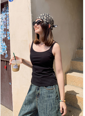 花吉C191黑色螺纹【带胸垫】休闲内搭背心女2026新款夏弹力吊带