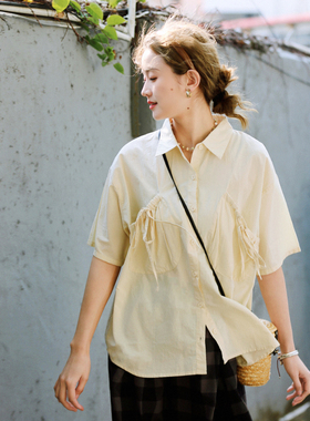 花吉B962豆乳杏色柔软水洗棉抽褶口袋短袖衬衫女2026新款夏衬衣