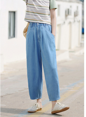 花吉K244蓝色休闲松紧腰薄款小个子九分茧型牛仔裤女2026新款夏