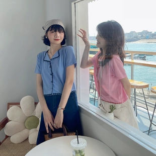 针织开衫 撞色花边螺纹弹力翻领T恤女夏季 花吉A836蓝色短袖 薄款