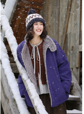 花吉C106蓝紫色毛毛撞色复古森系灯芯绒棉服女2026新款秋冬棉衣