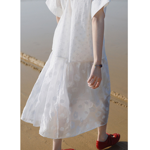 夏宽松休闲半裙 花吉Q580白色日系高腰光泽感花影半身裙2026新款