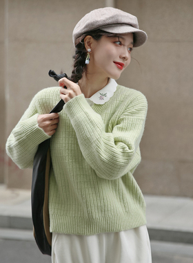 花吉B234浅绿色甜美温柔威化饼干V领套头毛衣女2025新款秋冬上衣