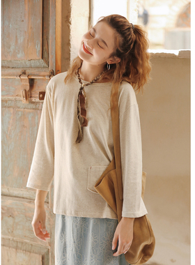 花吉C003杏色棉麻小口袋圆领宽松T恤女2026新款秋休闲上衣