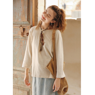 秋休闲上衣 花吉C003杏色棉麻小口袋圆领宽松T恤女2026新款