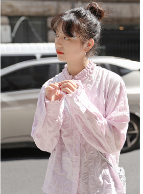 花吉B536紫色盐缩泡泡肌理感重工花边领系带衬衫女2026新款秋衬衣