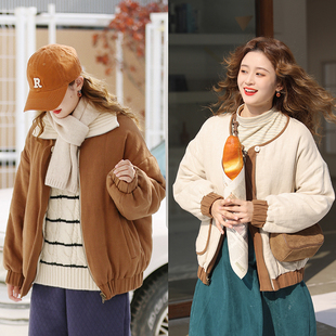 花吉B660卡其色两面穿棉麻圆领宽松棉服女2025新款 棉衣 棕色冬季