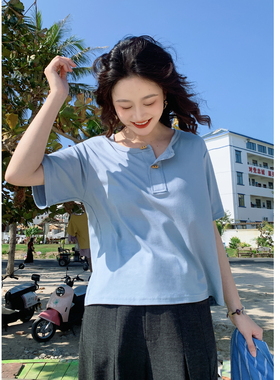 花吉C155蓝色小木扣半开襟宽松日系复古短袖T恤女2026新款夏上衣