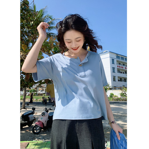 花吉蓝色半开襟宽松日系短袖t恤