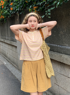 花吉B944粉黄色亨利领条纹短袖纯棉T恤女2025新款夏横条纹上衣