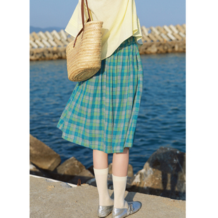春格子裙 花吉Q568薄荷蓝绿高腰宽松柔软甜美格子半身裙2026新款