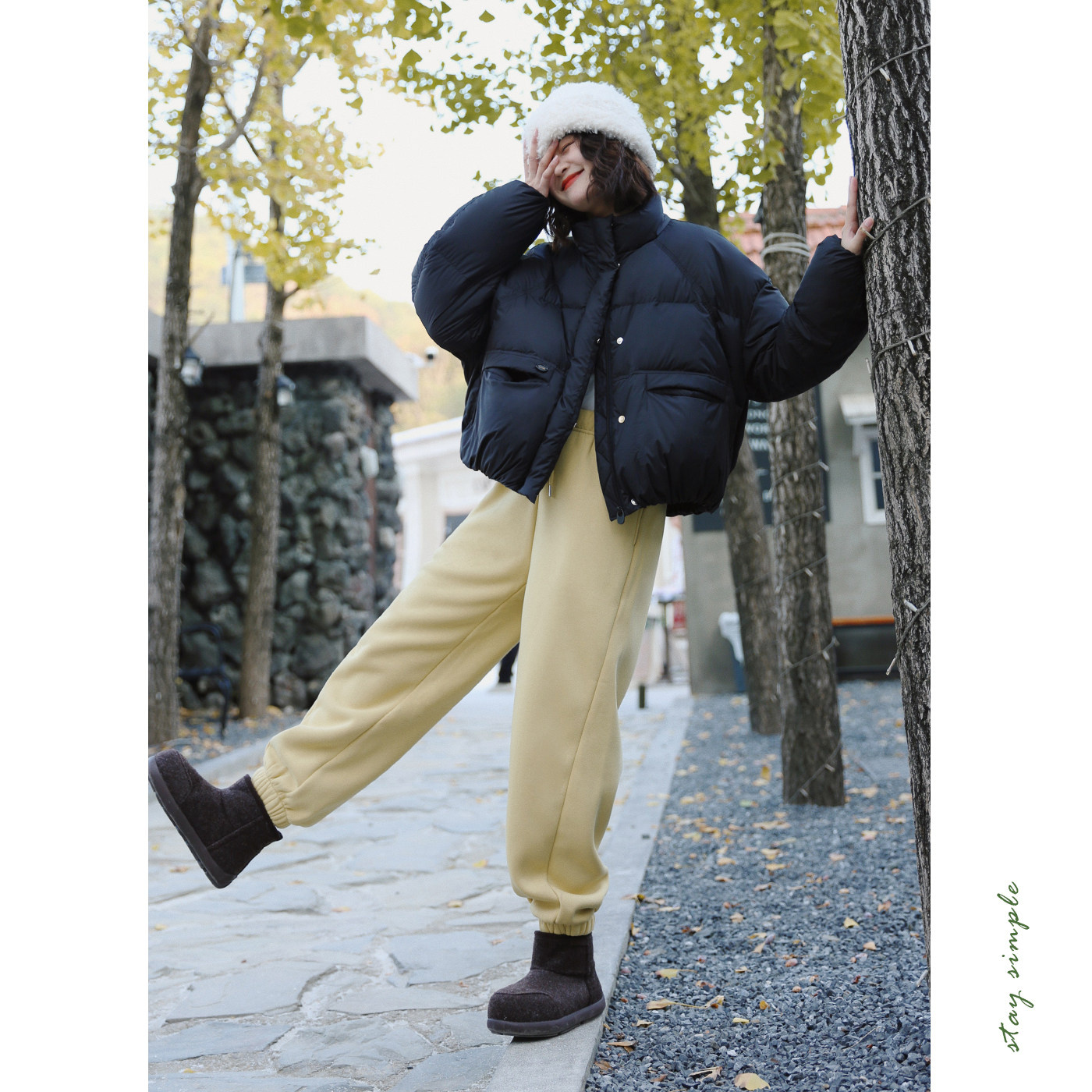 花吉灰色加绒系带束脚运动裤